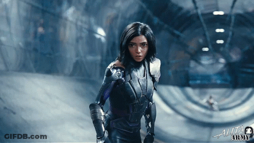 A Poster For The Movie Alita Army Shows A Woman In Armor GIF