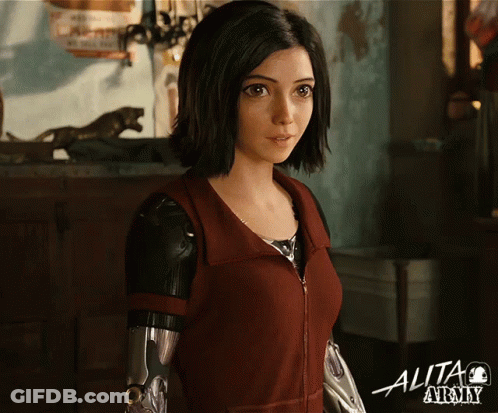 A Poster For The Movie Alita Army With A Woman In A Red Jacket GIF