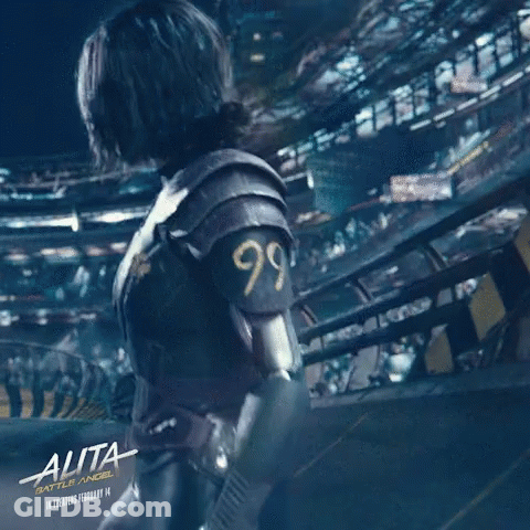 A Poster For The Movie Alita Battle Angel Shows A Woman In Armor GIF