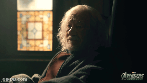A Poster For The Movie Avengers Doomsday Shows An Elderly Man GIF