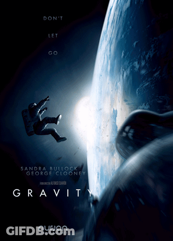 A Poster For The Movie Gravity With Sandra Bullock And George Clooney On It GIF