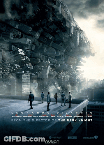 A Poster For The Movie Inception Shows A Group Of People Standing On Top Of A Building GIF