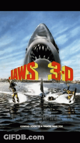 A Poster For The Movie Jaws 3D Shows A Shark Coming Out Of The Water GIF