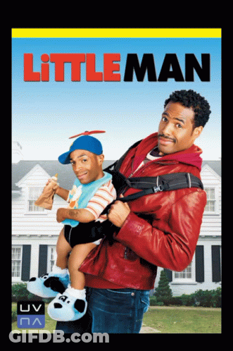 A Poster For The Movie Little Man Shows A Man Carrying A Baby GIF