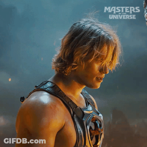 A Poster For The Movie Masters Of The Universe Shows A Man With Long Hair GIF
