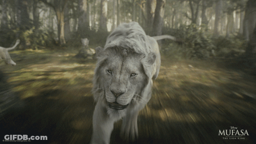 A Poster For The Movie Mufasa The Lion King Shows A Lion Running Through The Woods GIF