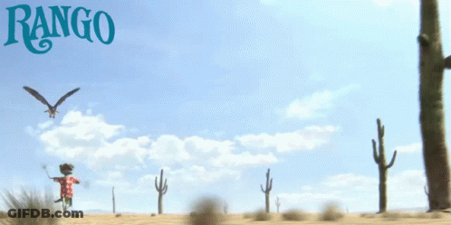 A Poster For The Movie Rango Shows A Man Flying Through The Air GIF