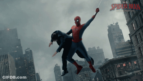 A Poster For The Movie Spider-Man Shows A Man Being Thrown In The Air GIF