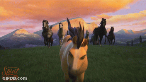 A Poster For The Movie Spirit Untamed Shows A Herd Of Horses Running In A Grassy Field GIF