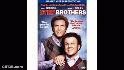 A Poster For The Movie Step Brothers Shows Two Men Standing Next To Each Other GIF