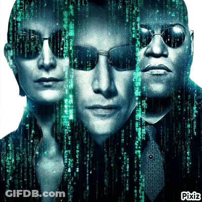 A Poster For The Movie The Matrix Shows A Woman A Man And A Woman Wearing Sunglasses GIF