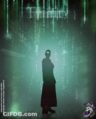 A Poster For The Movie Trinity With A Silhouette Of A Man GIF