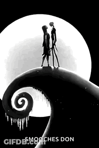 A Poster For The Nightmare Before Christmas Shows Jack And Sally Kissing In Front Of The Moon . GIF
