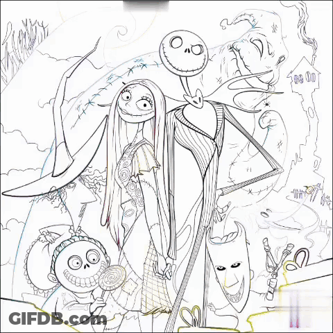 A Poster For The Nightmare Before Christmas Shows Jack Skellington And Sally Standing Next To Each Other GIF