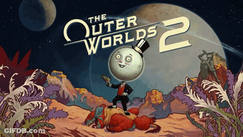 A Poster For The Outer Worlds 2 Shows A Cartoon Character GIF