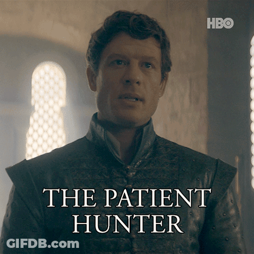 A Poster For The Patient Hunter With A Man In A Leather Jacket GIF