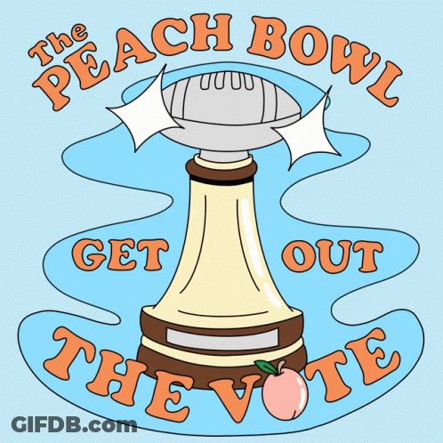 A Poster For The Peach Bowl With A Football On Top GIF