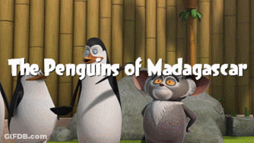 A Poster For The Penguins Of Madagascar With Three Penguins And A Mouse GIF