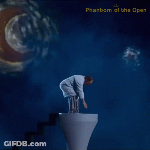 A Poster For The Phantom Of The Open Shows A Person Jumping Off A Staircase GIF