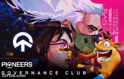 A Poster For The Pioneers Governance Club Shows A Man And Woman GIF