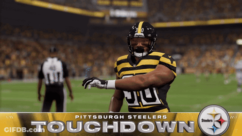 A Poster For The Pittsburgh Steelers Touchdown Showing A Football Player GIF