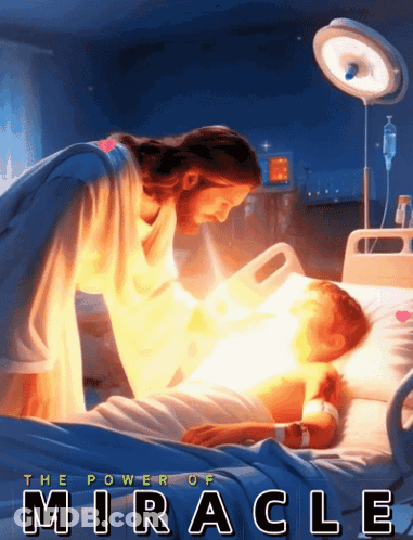 A Poster For The Power Of Miracle Shows Jesus Touching A Child In A Hospital Bed GIF