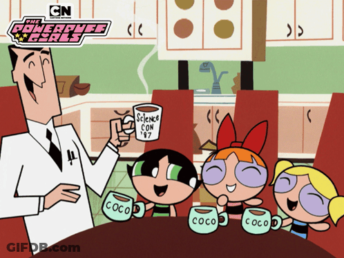 A Poster For The Powerpuff Girls Shows A Man Holding Up A Cup That Says Science Con 1987 GIF