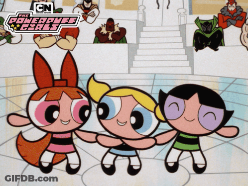 A Poster For The Powerpuff Girls Shows Three Girls Dancing GIF