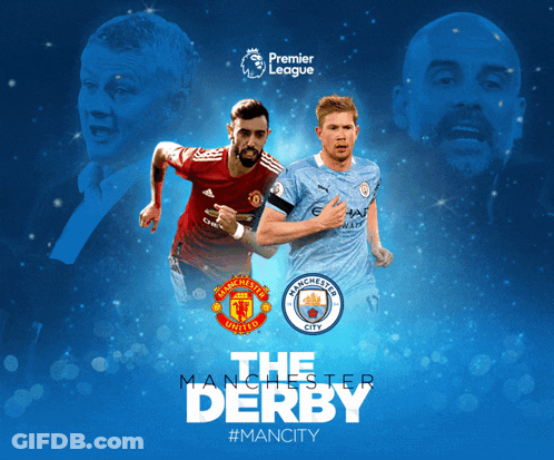 A Poster For The Premier League Derby Featuring Manchester United And City GIF