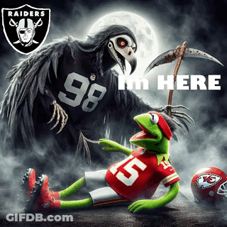 A Poster For The Raiders Shows Kermit The Frog Laying On The Ground Next To A Grim Reaper GIF