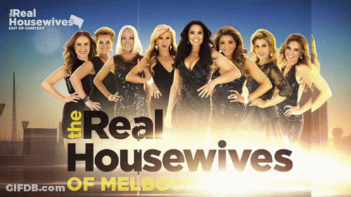 A Poster For The Real Housewives Of Melbourne Shows A Group Of Women Standing Next To Each Other GIF