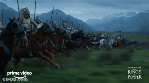 A Poster For The Rings Of Power Shows A Large Army Of Men On Horseback GIF