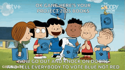 A Poster For The Snoopy Show Shows A Group Of Children Holding Books GIF