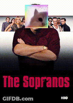 A Poster For The Sopranos Shows A Man With A Cat In Front Of His Face GIF