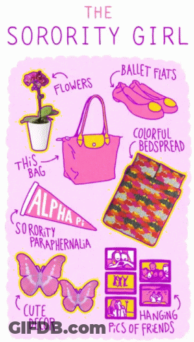 A Poster For The Sorority Girl Includes Flowers Ballet Flats And Colorful Bedspreads GIF