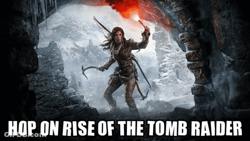 A Poster For The Tomb Raider Shows A Woman Holding A Torch GIF