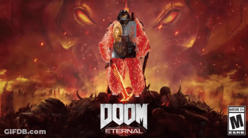 A Poster For The Video Game Doom Eternal Shows A Monster With A Sword GIF