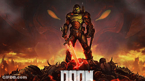 A Poster For The Video Game Doom Shows A Monster Holding A Sword . GIF