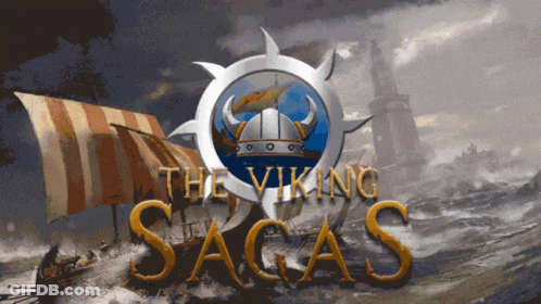 A Poster For The Viking Sagas Shows A Ship In The Ocean GIF