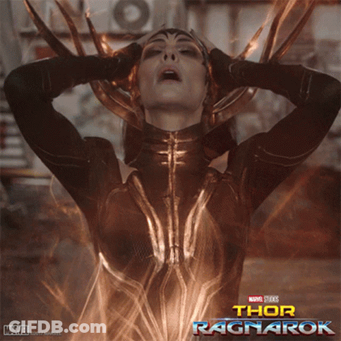 A Poster For Thor Ragnarok Shows A Woman In A Black Outfit GIF
