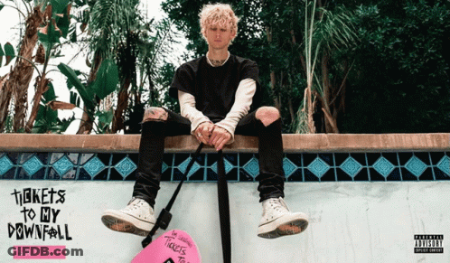 A Poster For Tickets To My Downfall Shows A Young Man Sitting On A Wall GIF