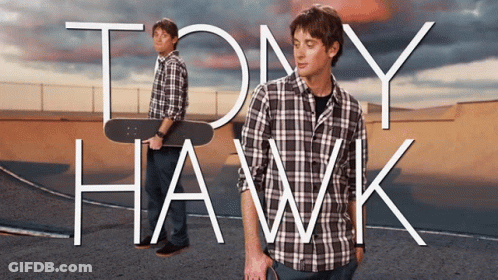 A Poster For Tony Hawk Shows A Man Holding A Skateboard In Front Of A Skate Park GIF