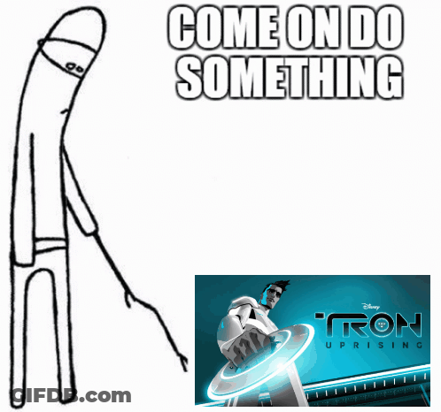 A Poster For Tron Uprising Shows A Cartoon Character Pointing GIF