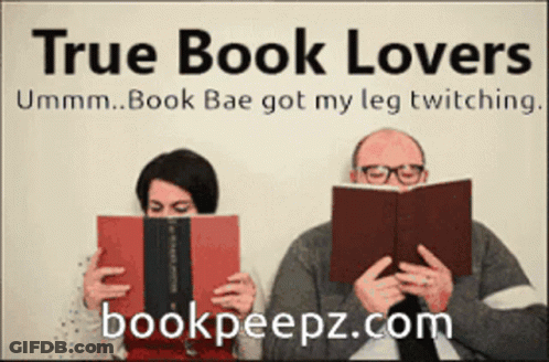 A Poster For True Book Lovers Shows A Man And A Woman Reading Books Together GIF