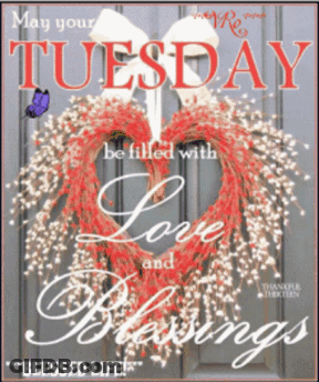 A Poster For Tuesday With A Heart Shaped Wreath On It GIF