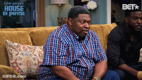 A Poster For Tyler Perry 'S House Of Payne Showing Two Men Sitting On A Couch GIF