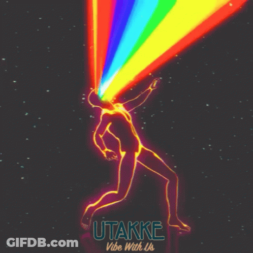 A Poster For Utakke Vibe With Us Shows A Person With A Rainbow Coming Out Of Their Eyes GIF