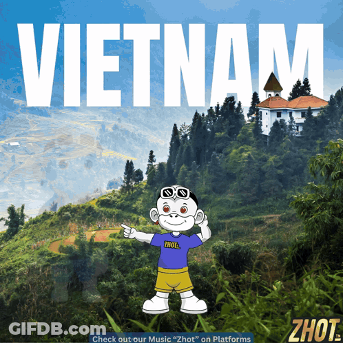 A Poster For Vietnam With A Monkey Pointing GIF