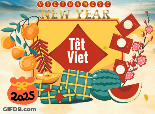 A Poster For Vietnamese New Year With Watermelons And Oranges GIF