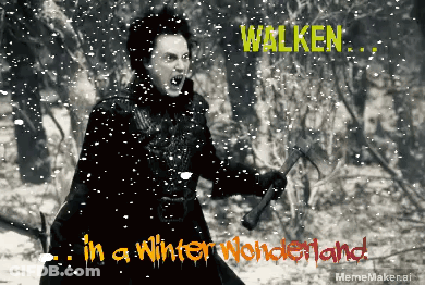A Poster For Walken In A Winter Wonderland With A Man Holding A Hammer In The Snow GIF